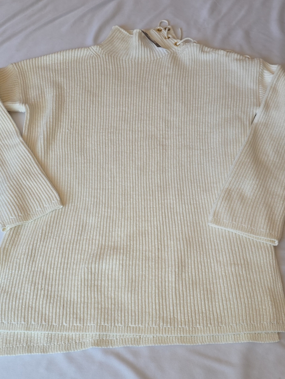 J. Crew Cream Ribbed Lace-Up Mockneck Sweater